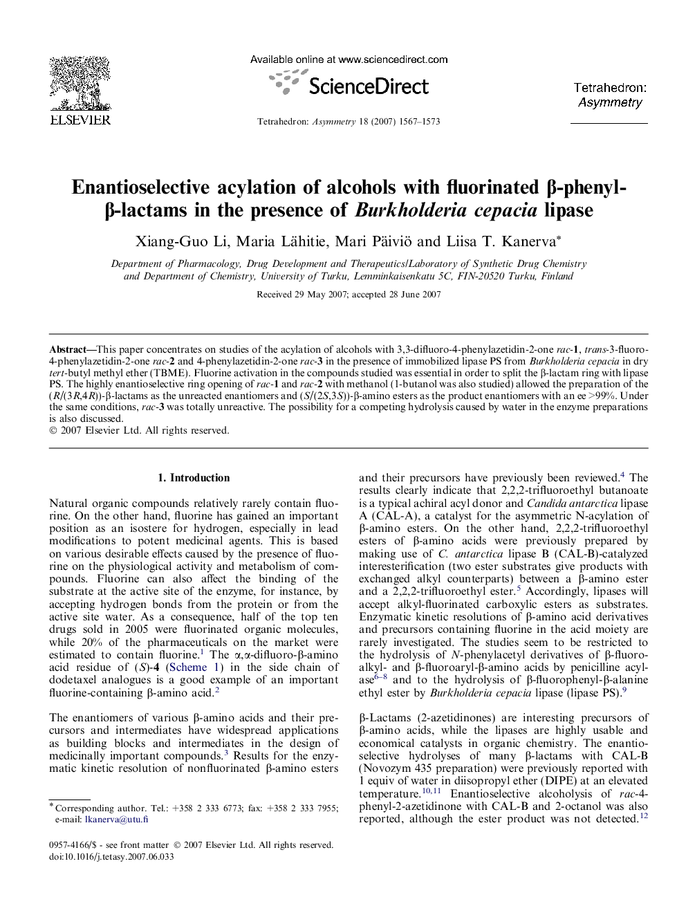 Enantioselective acylation of alcohols with fluorinated β-phenyl-β-lactams in the presence of Burkholderia cepacia lipase