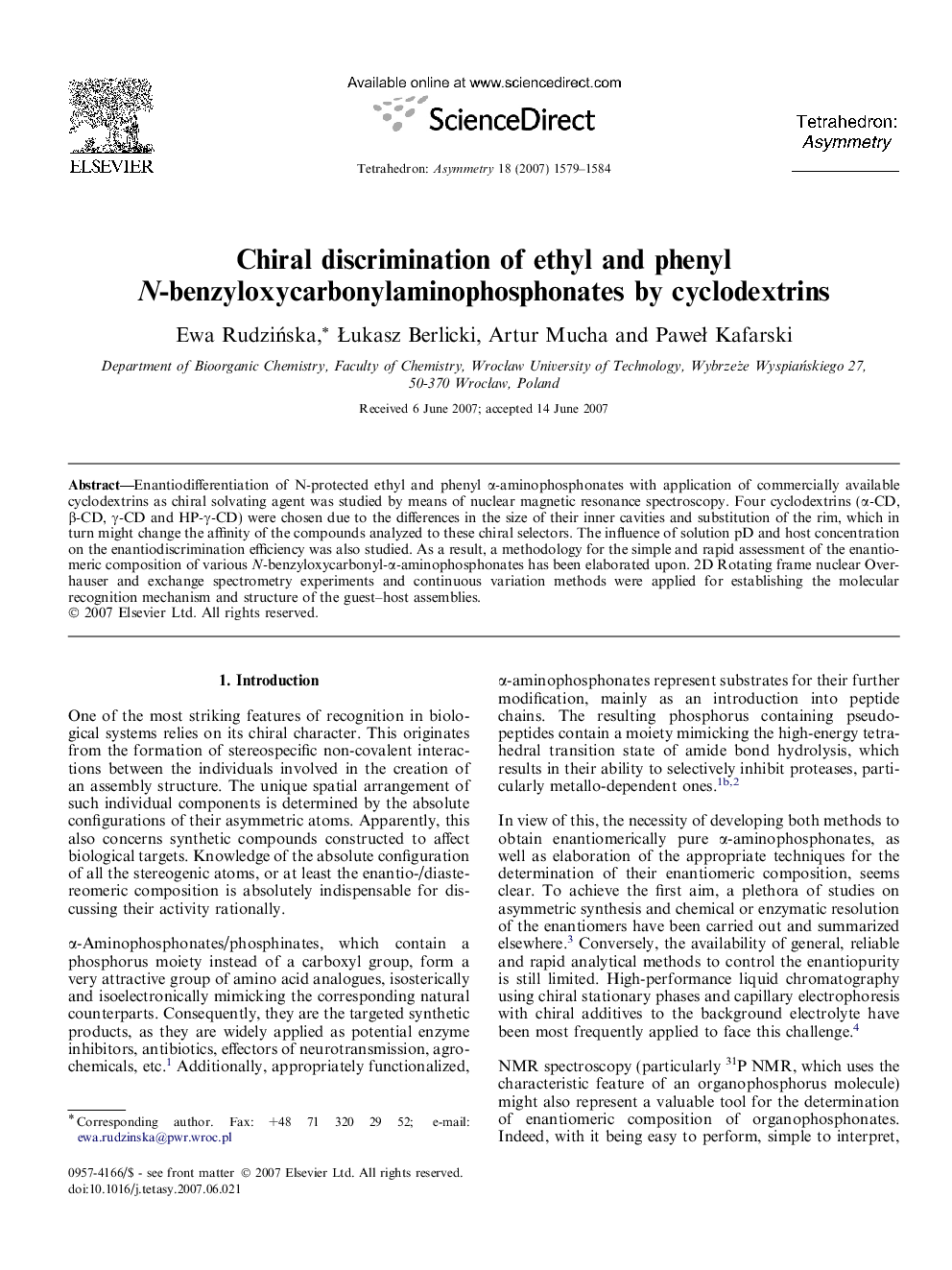 Chiral discrimination of ethyl and phenyl N-benzyloxycarbonylaminophosphonates by cyclodextrins