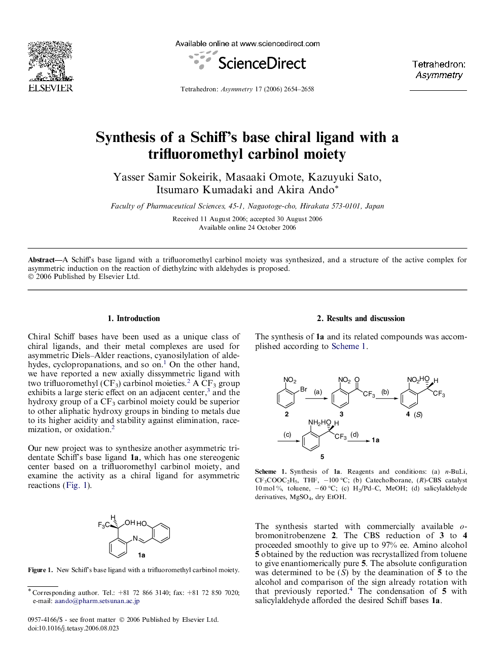 Synthesis of a Schiff’s base chiral ligand with a trifluoromethyl carbinol moiety
