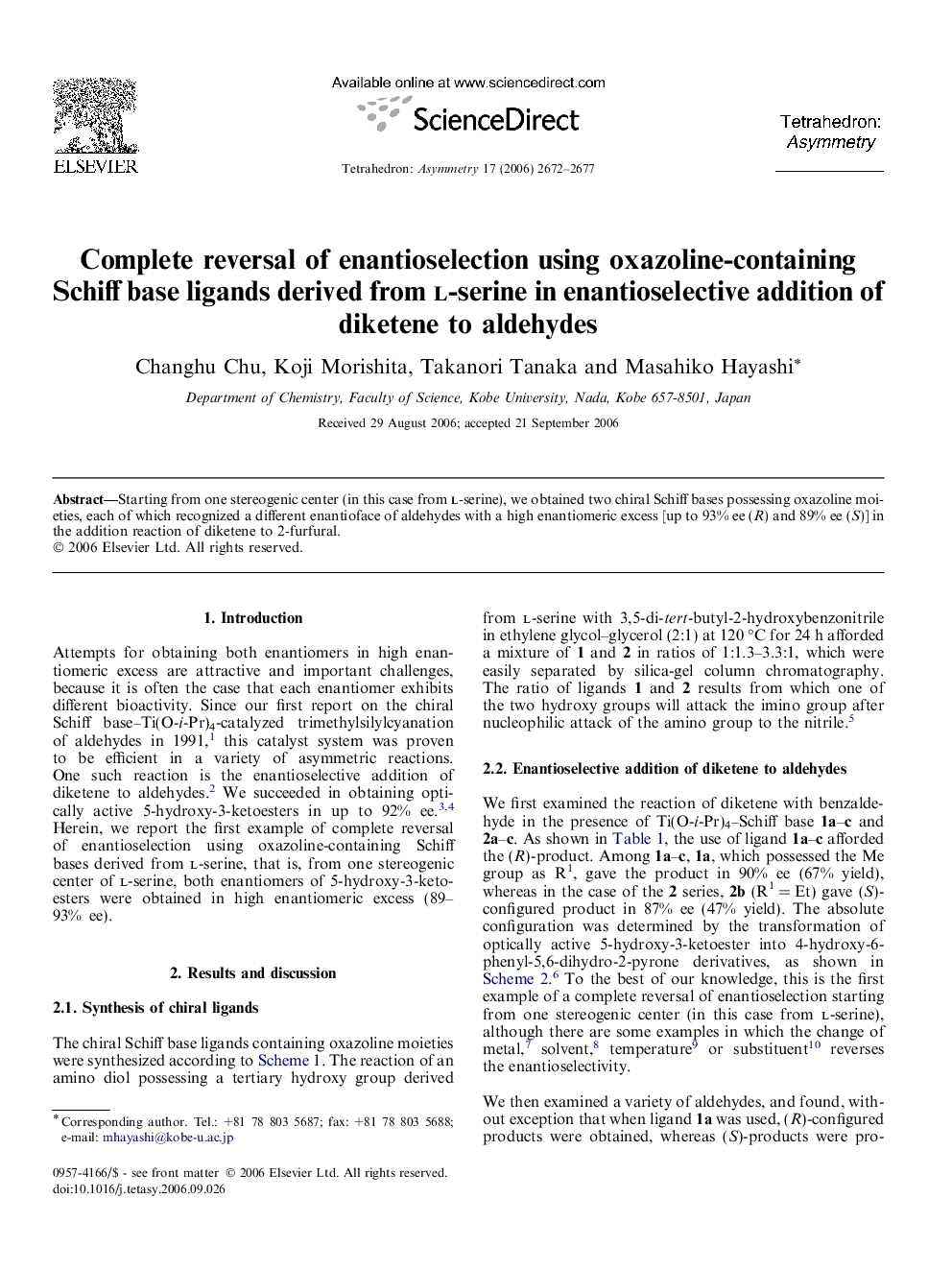 Complete reversal of enantioselection using oxazoline-containing Schiff base ligands derived from l-serine in enantioselective addition of diketene to aldehydes