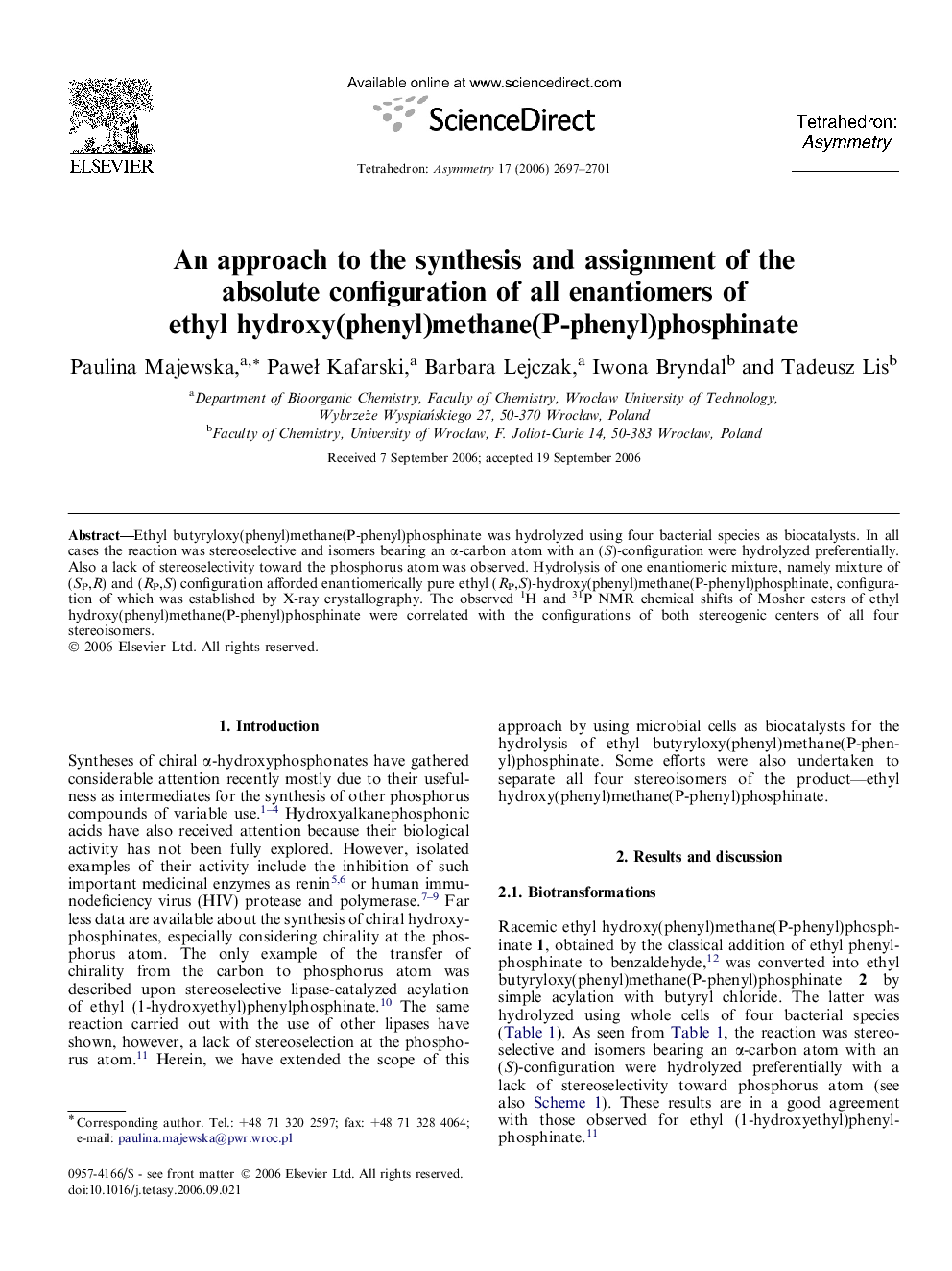 An approach to the synthesis and assignment of the absolute configuration of all enantiomers of ethyl hydroxy(phenyl)methane(P-phenyl)phosphinate