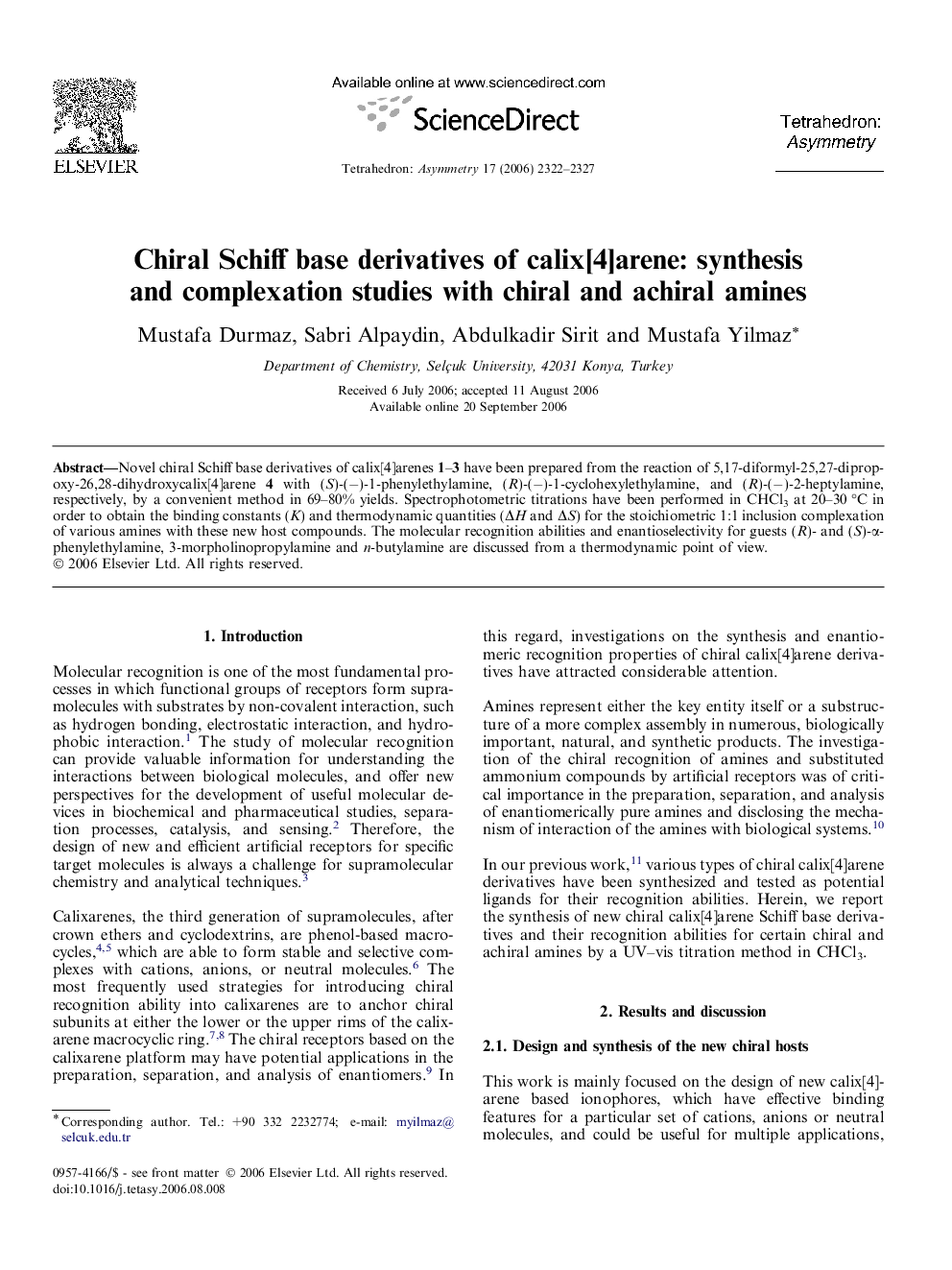 Chiral Schiff base derivatives of calix[4]arene: synthesis and complexation studies with chiral and achiral amines