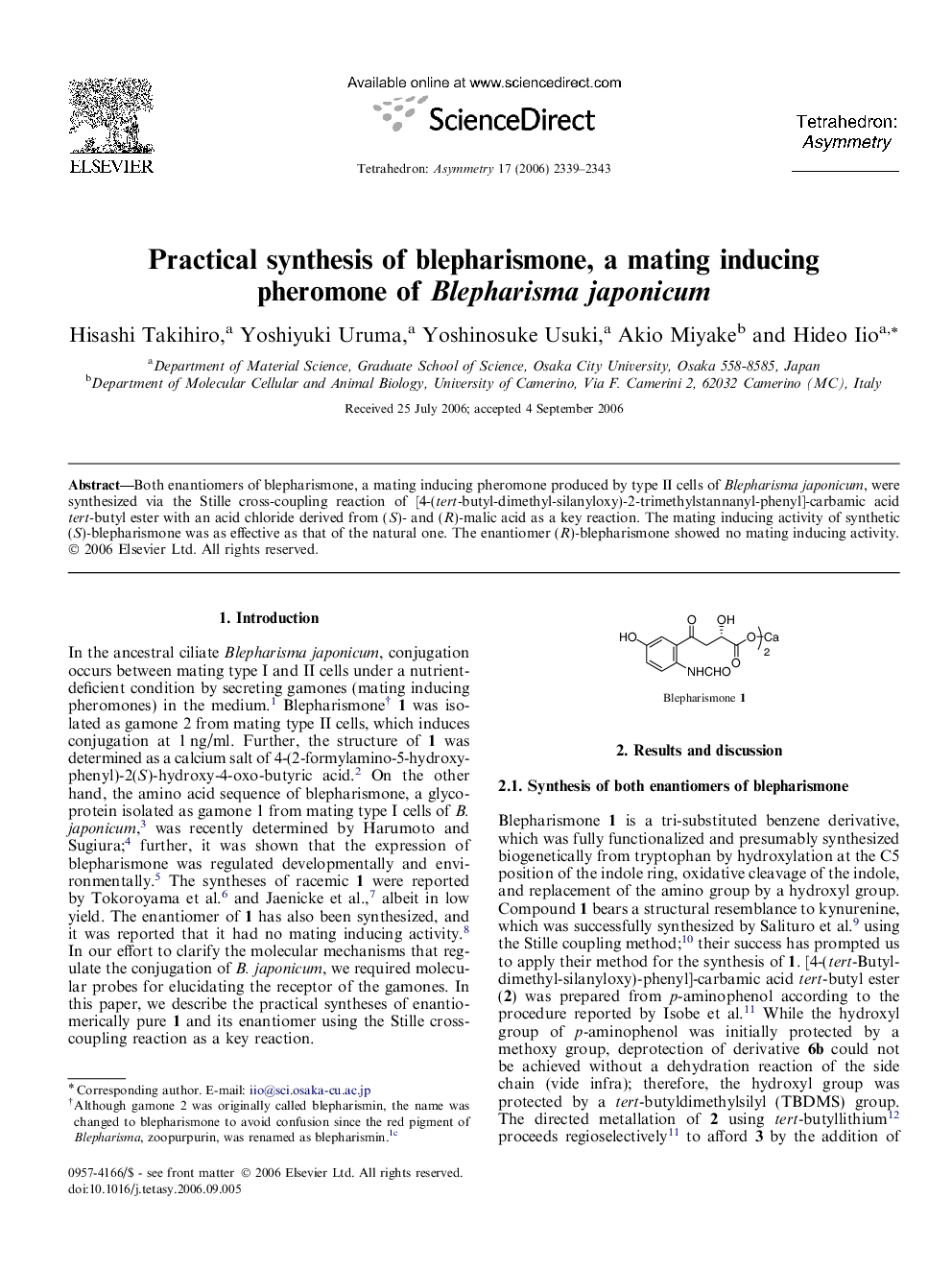 Practical synthesis of blepharismone, a mating inducing pheromone of Blepharisma japonicum