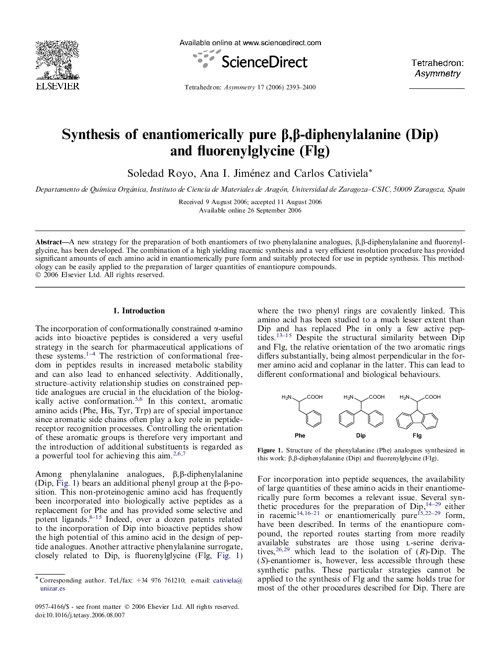 Synthesis of enantiomerically pure β,β-diphenylalanine (Dip) and fluorenylglycine (Flg)