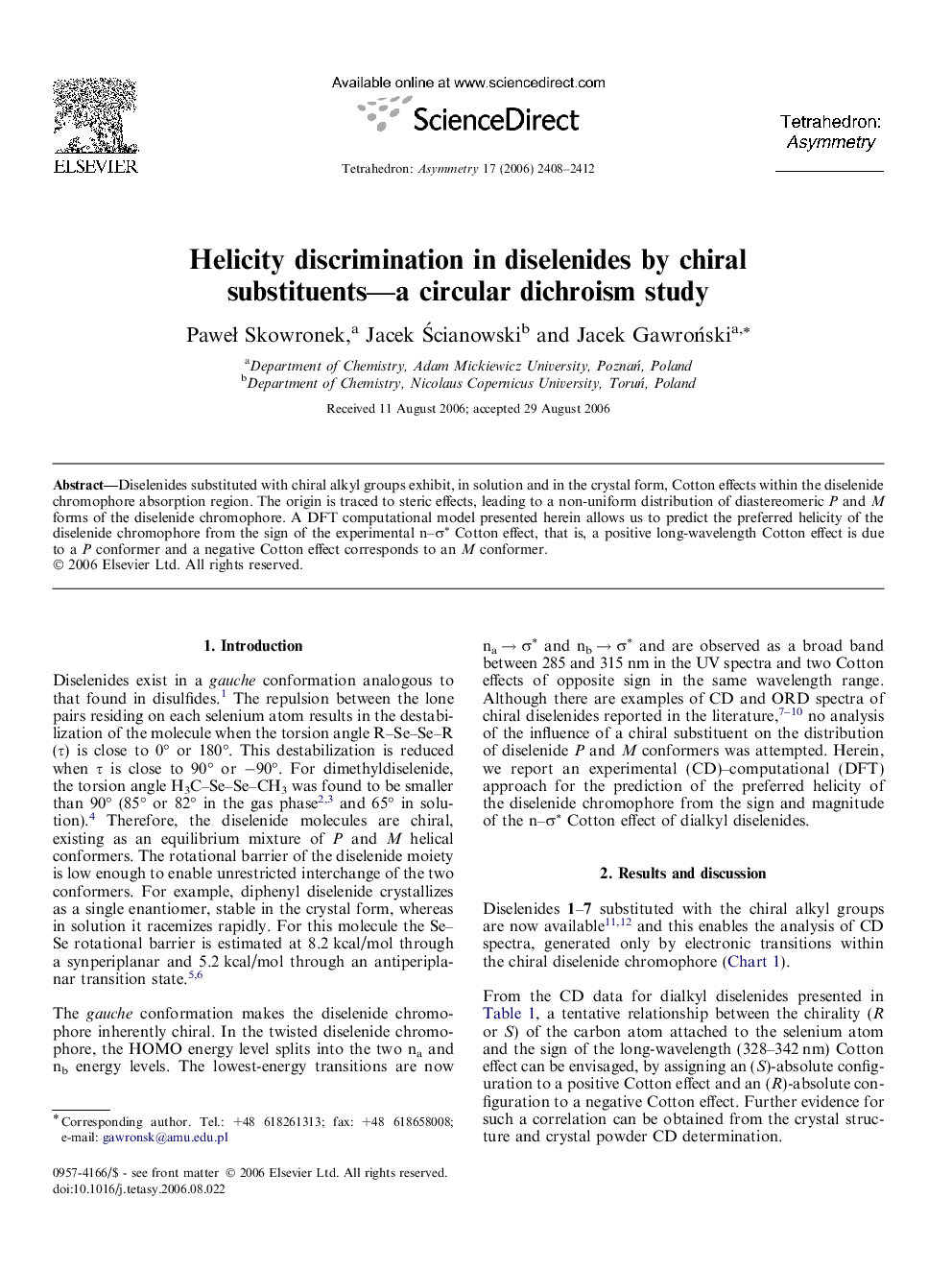 Helicity discrimination in diselenides by chiral substituents-a circular dichroism study