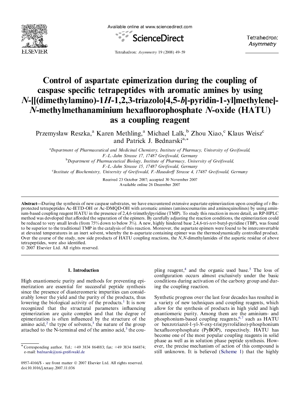 Control of aspartate epimerization during the coupling of caspase specific tetrapeptides with aromatic amines by using N-[[(dimethylamino)-1H-1,2,3-triazolo[4,5-b]-pyridin-1-yl]methylene]-N-methylmethanaminium hexafluorophosphate N-oxide (HATU) as a coupl