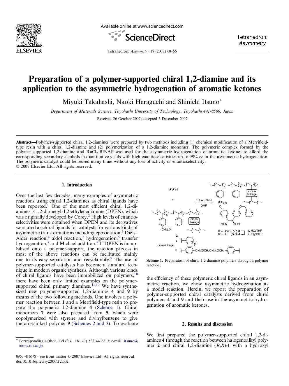 Preparation of a polymer-supported chiral 1,2-diamine and its application to the asymmetric hydrogenation of aromatic ketones