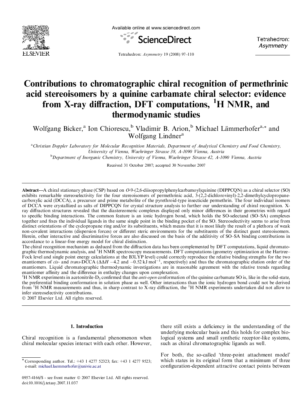 Contributions to chromatographic chiral recognition of permethrinic acid stereoisomers by a quinine carbamate chiral selector: evidence from X-ray diffraction, DFT computations, 1H NMR, and thermodynamic studies