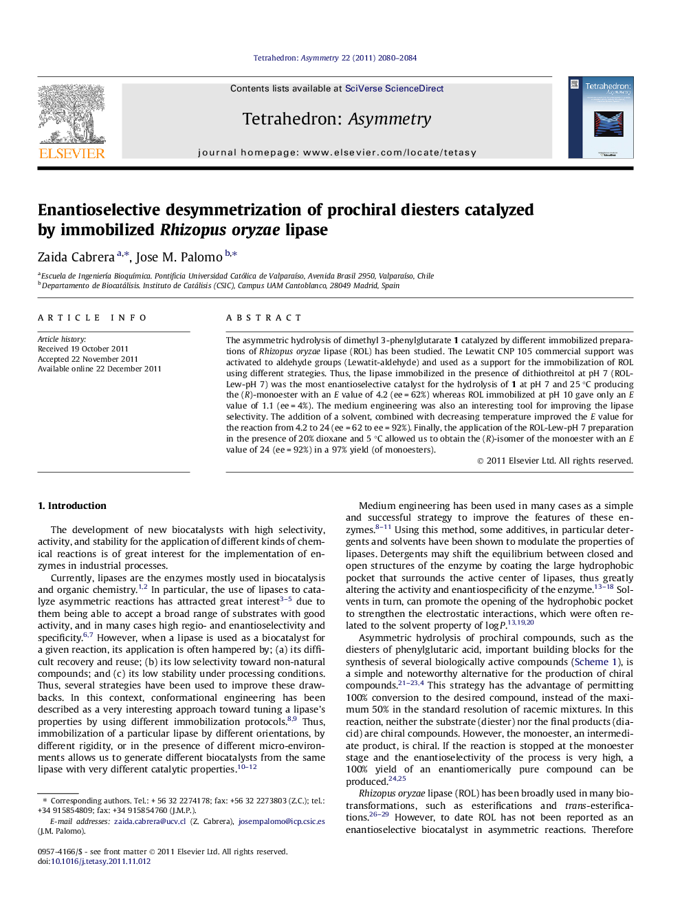 Enantioselective desymmetrization of prochiral diesters catalyzed by immobilized Rhizopus oryzae lipase