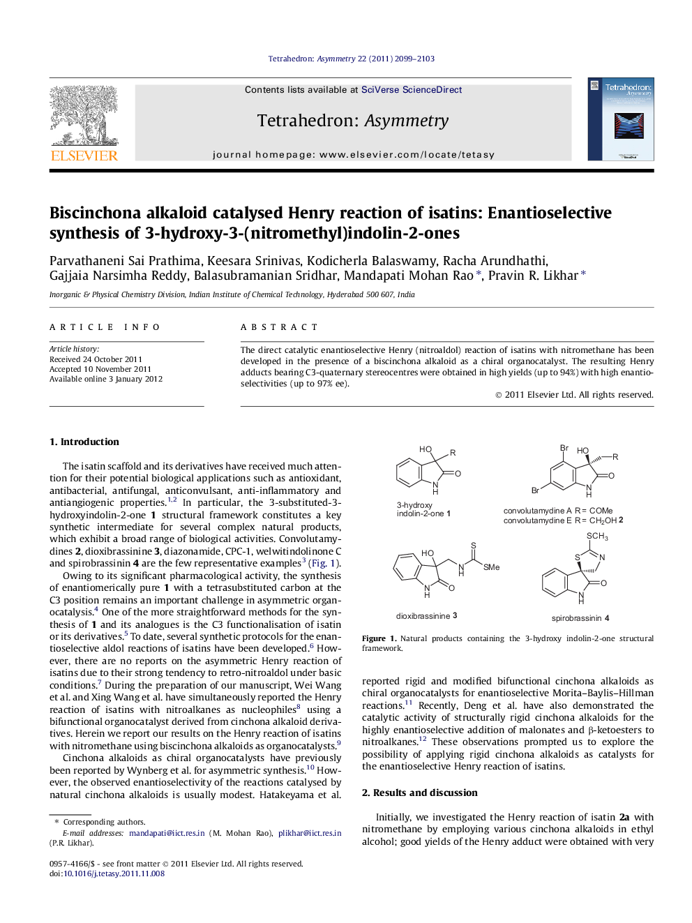 Biscinchona alkaloid catalysed Henry reaction of isatins: Enantioselective synthesis of 3-hydroxy-3-(nitromethyl)indolin-2-ones