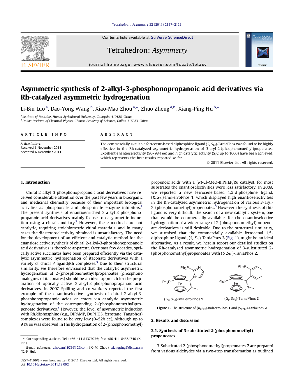 Asymmetric synthesis of 2-alkyl-3-phosphonopropanoic acid derivatives via Rh-catalyzed asymmetric hydrogenation