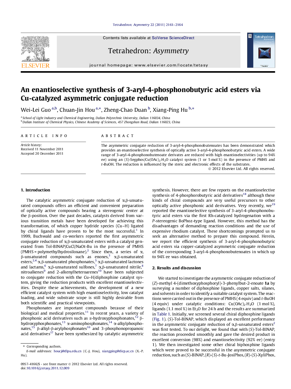 An enantioselective synthesis of 3-aryl-4-phosphonobutyric acid esters via Cu-catalyzed asymmetric conjugate reduction