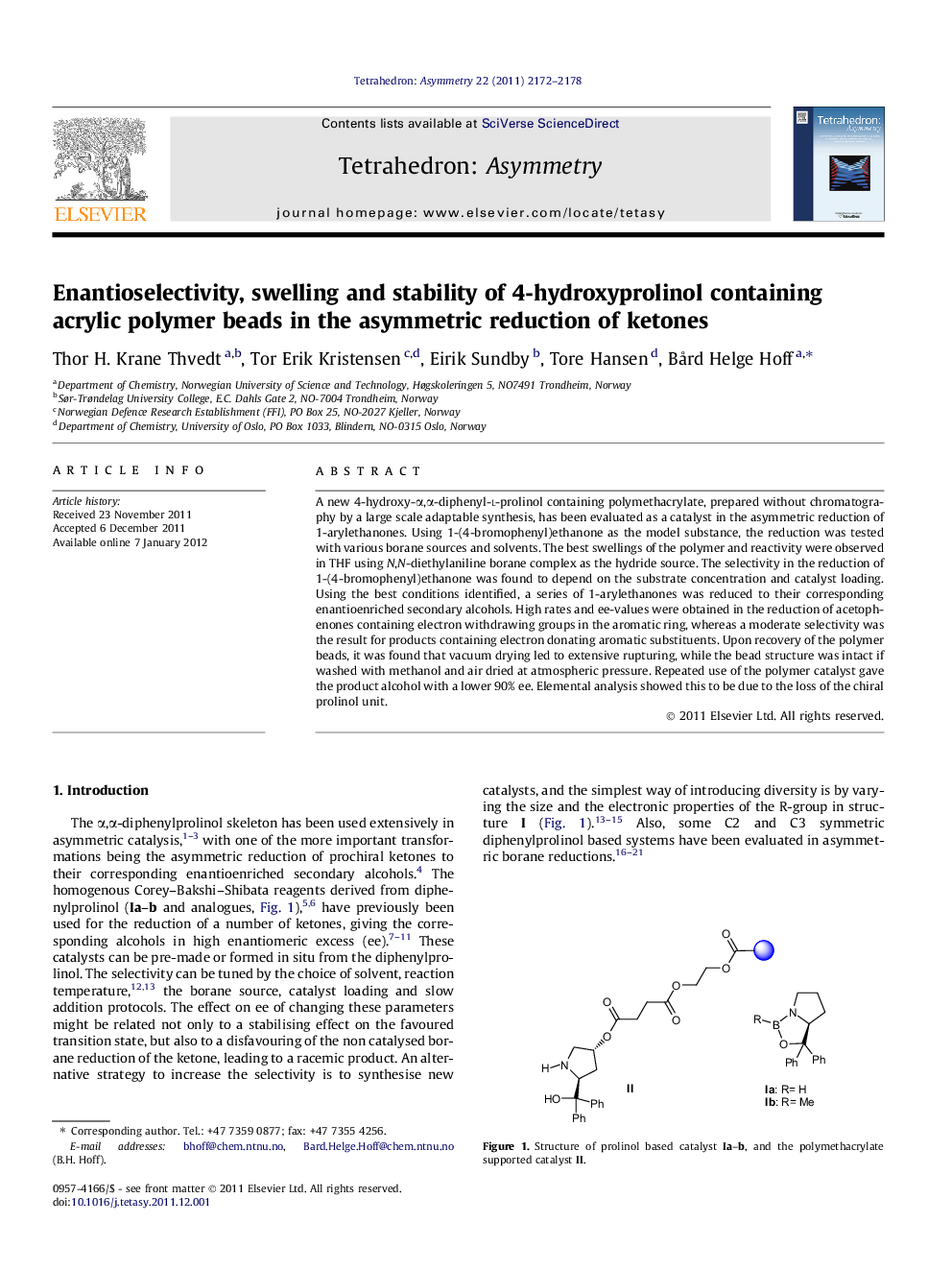 Enantioselectivity, swelling and stability of 4-hydroxyprolinol containing acrylic polymer beads in the asymmetric reduction of ketones