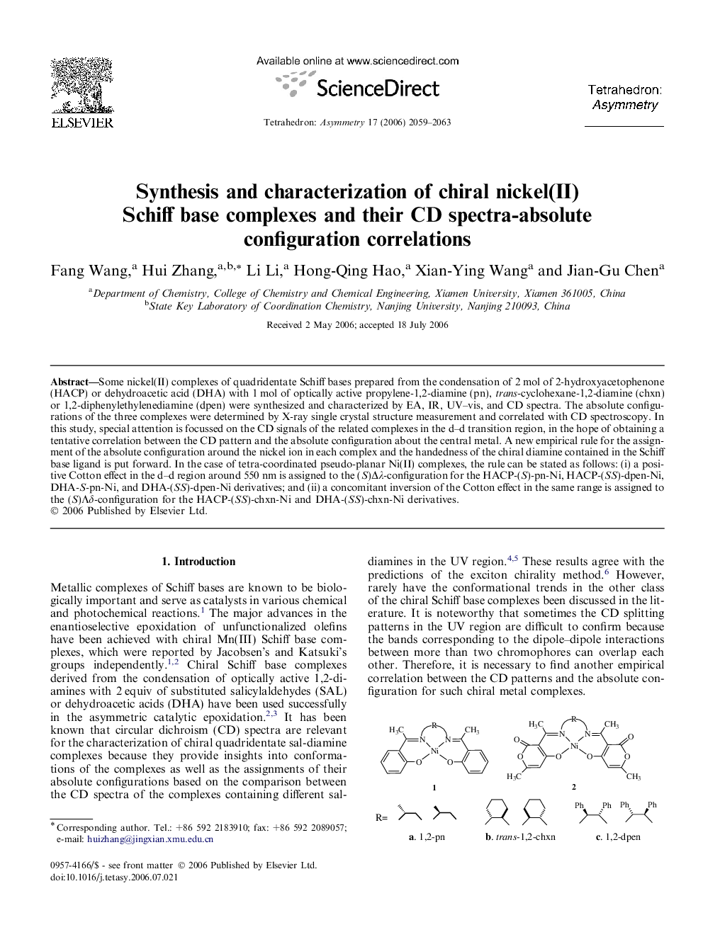 Synthesis and characterization of chiral nickel(II) Schiff base complexes and their CD spectra-absolute configuration correlations