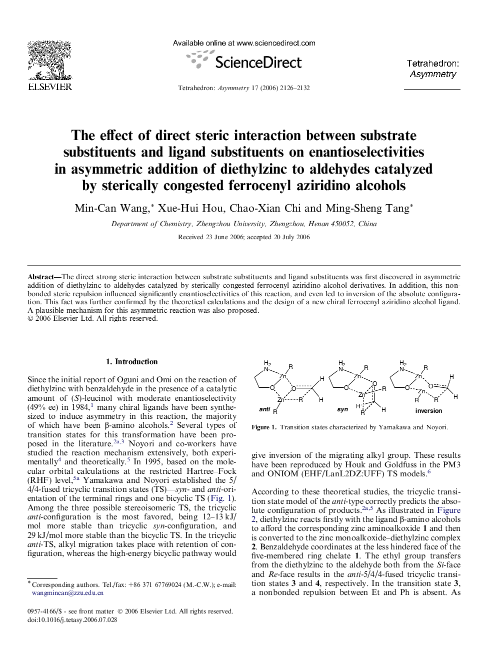 The effect of direct steric interaction between substrate substituents and ligand substituents on enantioselectivities in asymmetric addition of diethylzinc to aldehydes catalyzed by sterically congested ferrocenyl aziridino alcohols