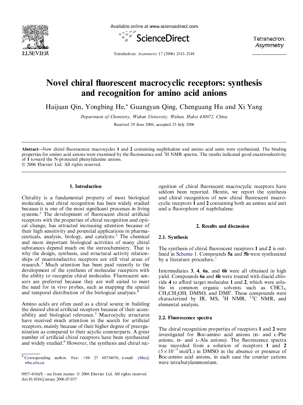 Novel chiral fluorescent macrocyclic receptors: synthesis and recognition for amino acid anions