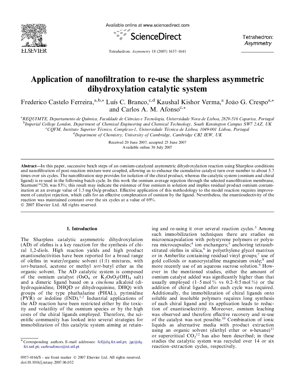 Application of nanofiltration to re-use the sharpless asymmetric dihydroxylation catalytic system