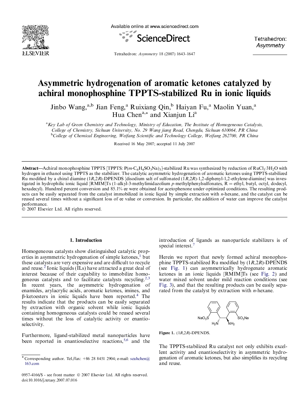 Asymmetric hydrogenation of aromatic ketones catalyzed by achiral monophosphine TPPTS-stabilized Ru in ionic liquids