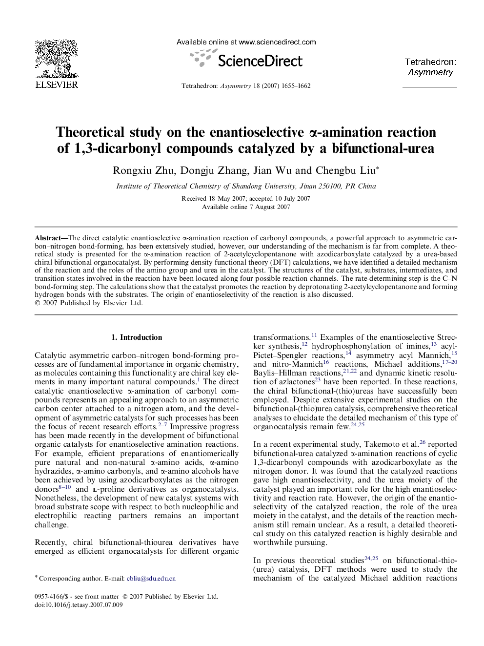 Theoretical study on the enantioselective α-amination reaction of 1,3-dicarbonyl compounds catalyzed by a bifunctional-urea