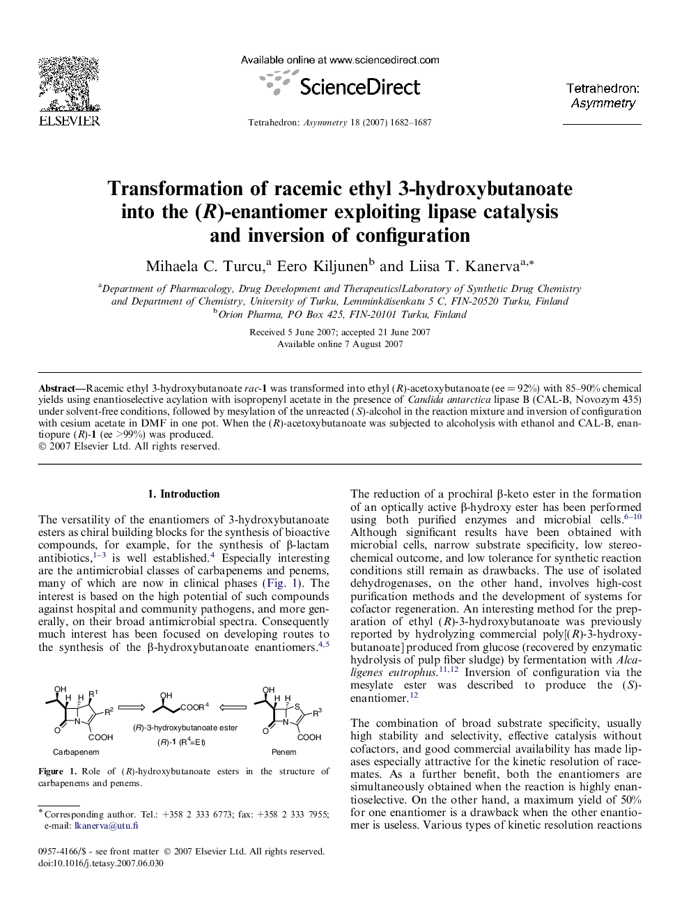 Transformation of racemic ethyl 3-hydroxybutanoate into the (R)-enantiomer exploiting lipase catalysis and inversion of configuration