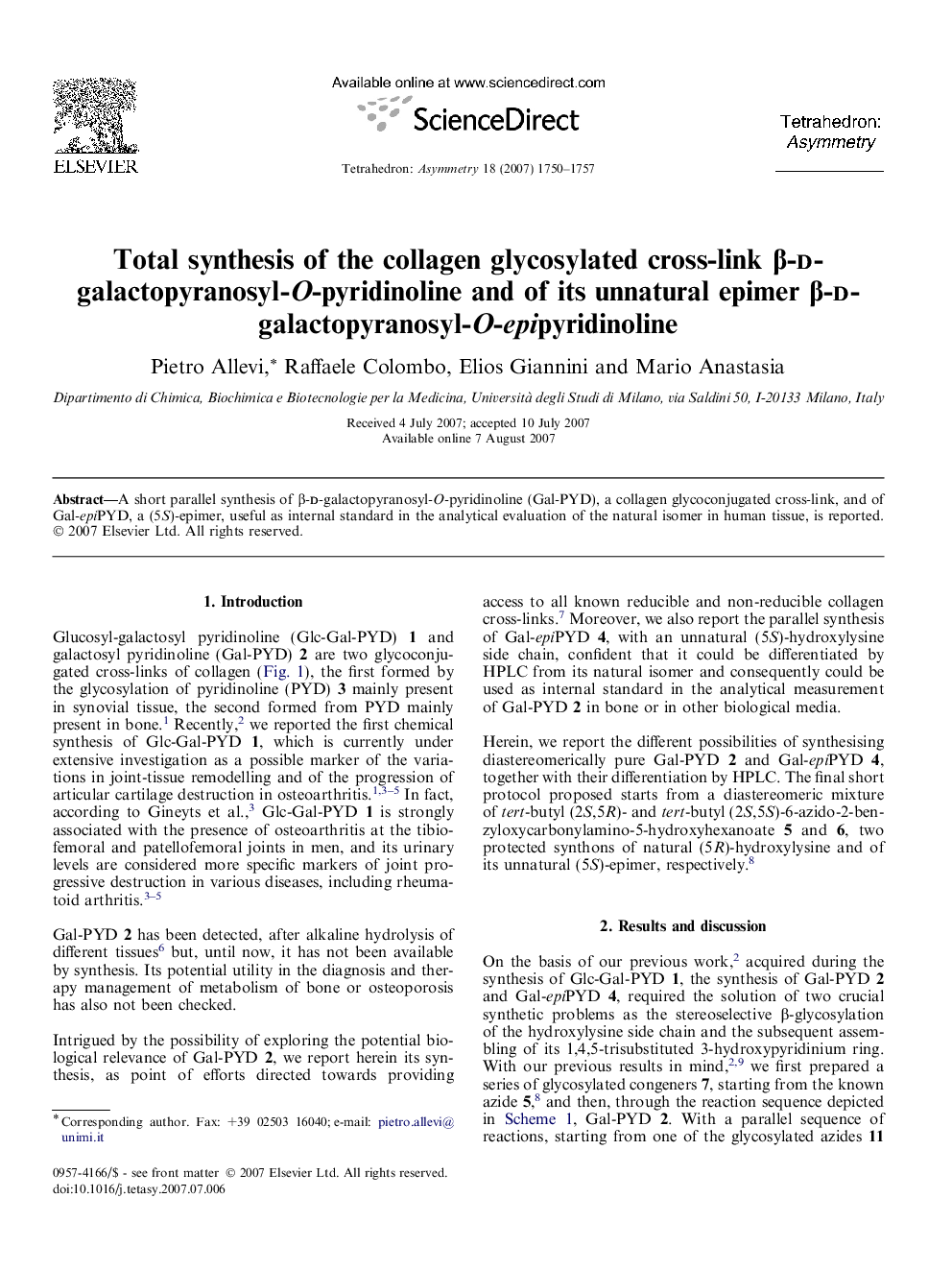 Total synthesis of the collagen glycosylated cross-link β-d-galactopyranosyl-O-pyridinoline and of its unnatural epimer β-d-galactopyranosyl-O-epipyridinoline
