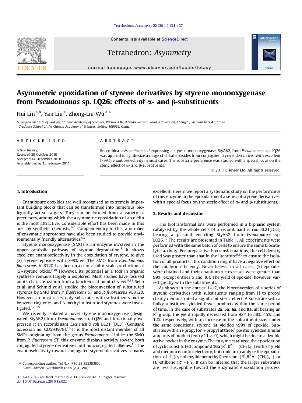 Asymmetric epoxidation of styrene derivatives by styrene monooxygenase from Pseudomonas sp. LQ26: effects of α- and β-substituents