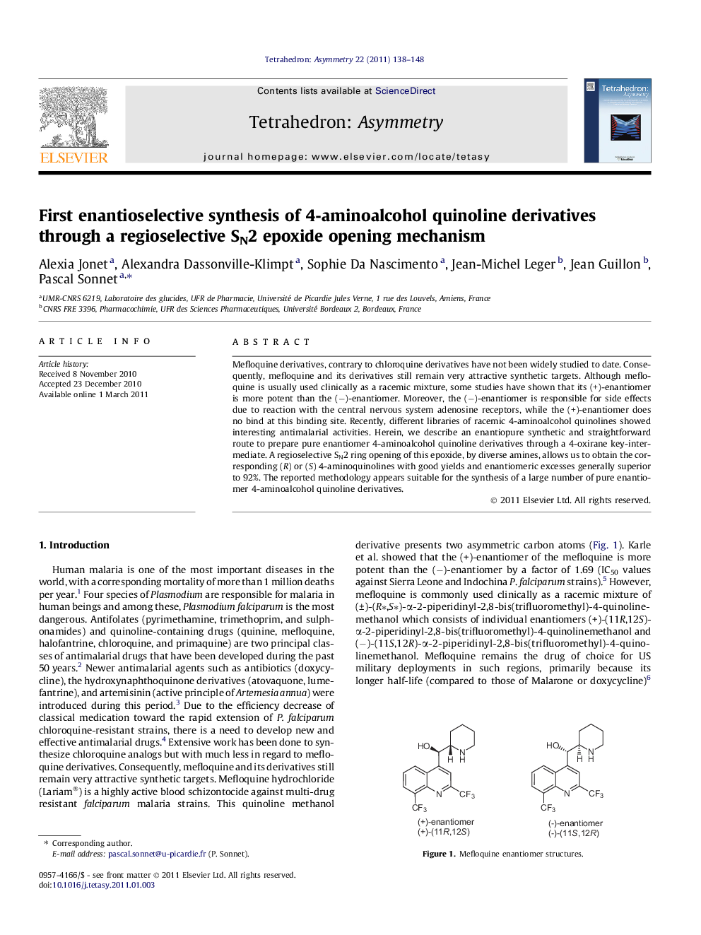 First enantioselective synthesis of 4-aminoalcohol quinoline derivatives through a regioselective SN2 epoxide opening mechanism