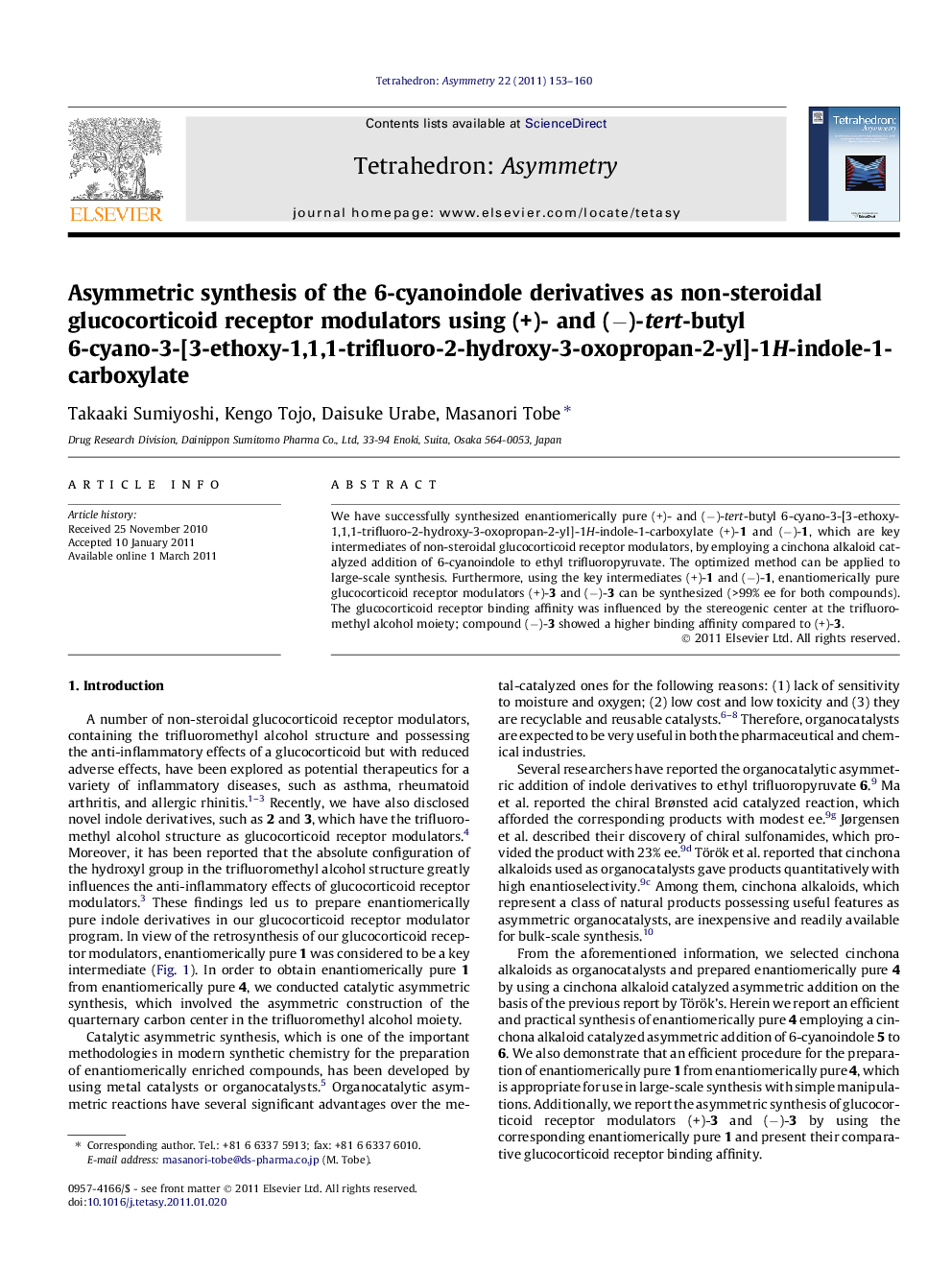 Asymmetric synthesis of the 6-cyanoindole derivatives as non-steroidal glucocorticoid receptor modulators using (+)- and (−)-tert-butyl 6-cyano-3-[3-ethoxy-1,1,1-trifluoro-2-hydroxy-3-oxopropan-2-yl]-1H-indole-1-carboxylate