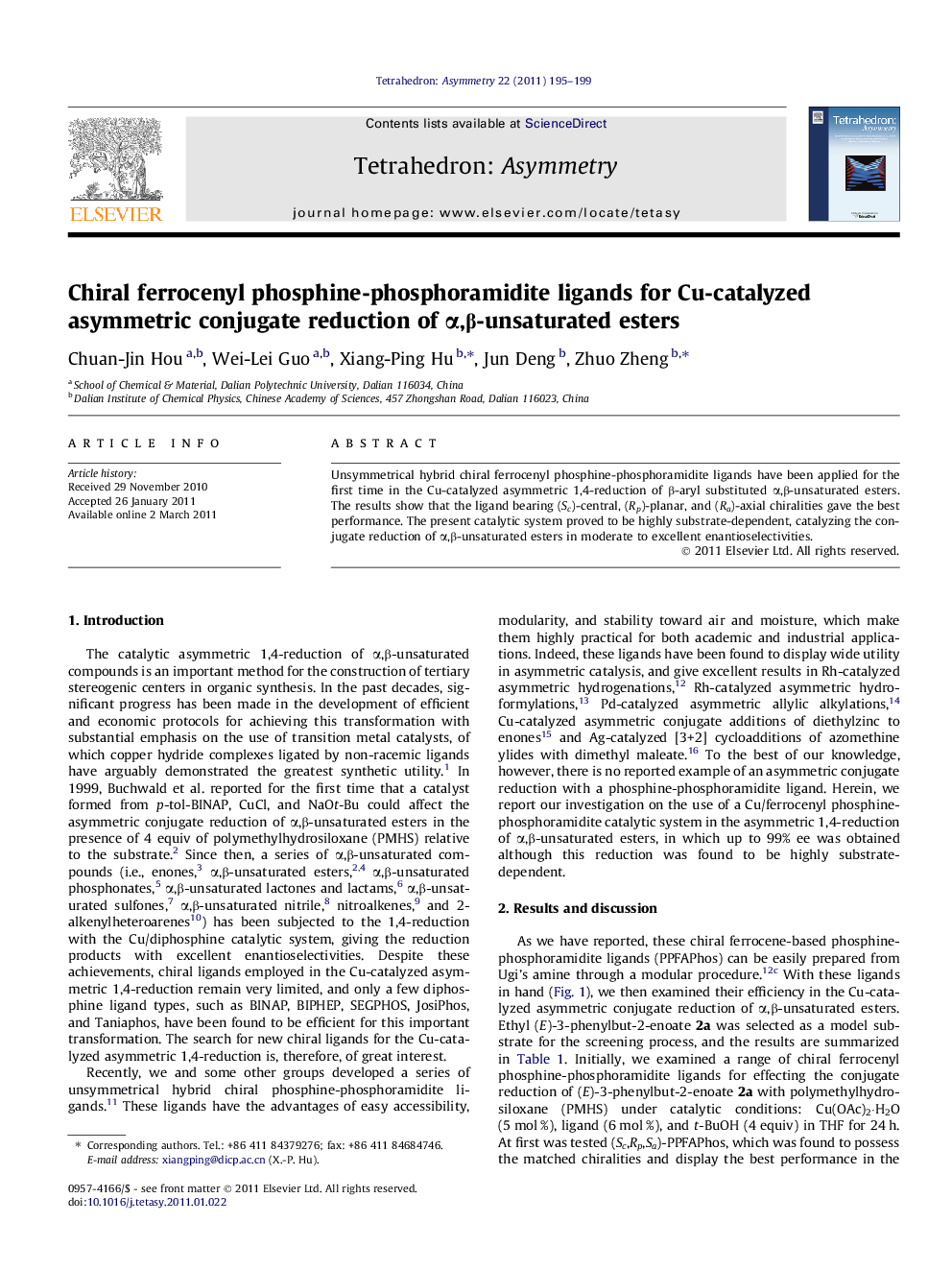 Chiral ferrocenyl phosphine-phosphoramidite ligands for Cu-catalyzed asymmetric conjugate reduction of α,β-unsaturated esters