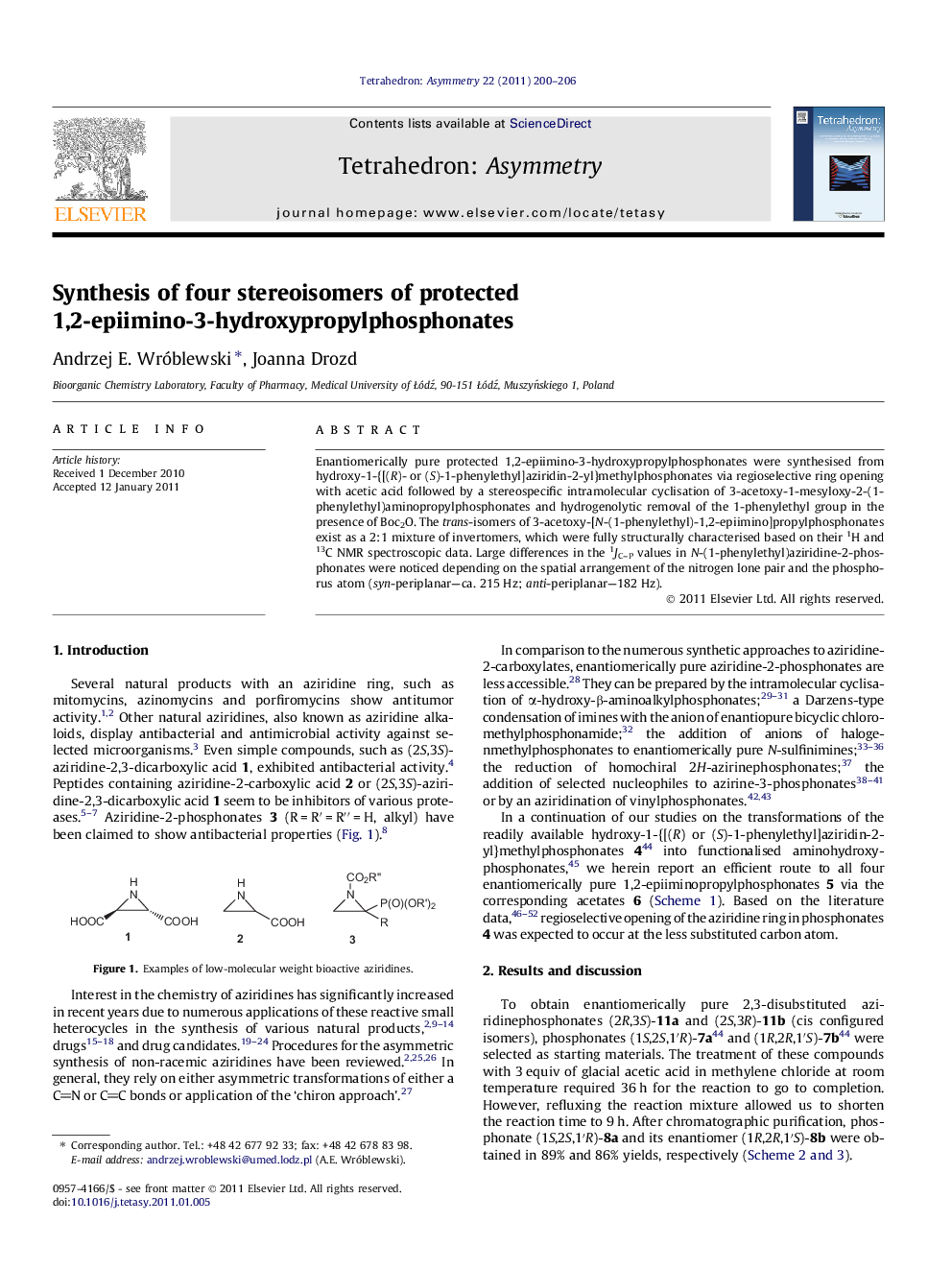 Synthesis of four stereoisomers of protected 1,2-epiimino-3-hydroxypropylphosphonates
