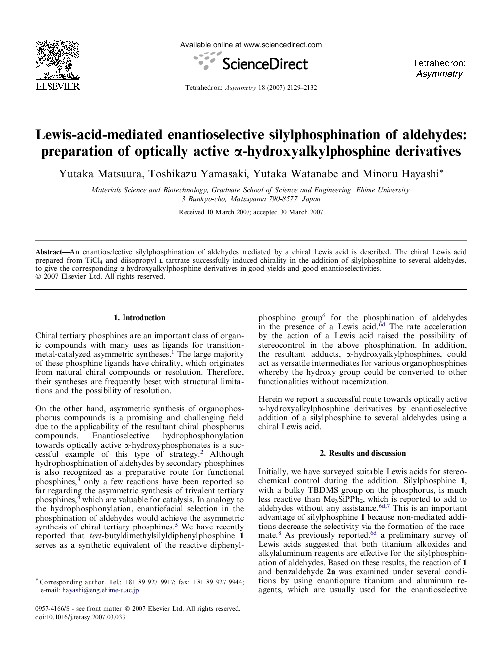 Lewis-acid-mediated enantioselective silylphosphination of aldehydes: preparation of optically active Î±-hydroxyalkylphosphine derivatives