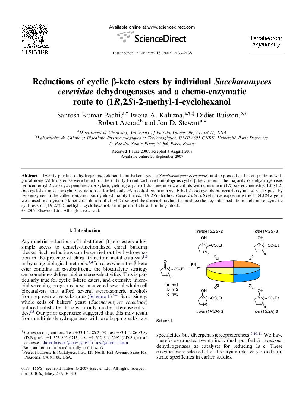 Reductions of cyclic β-keto esters by individual Saccharomyces cerevisiae dehydrogenases and a chemo-enzymatic route to (1R,2S)-2-methyl-1-cyclohexanol