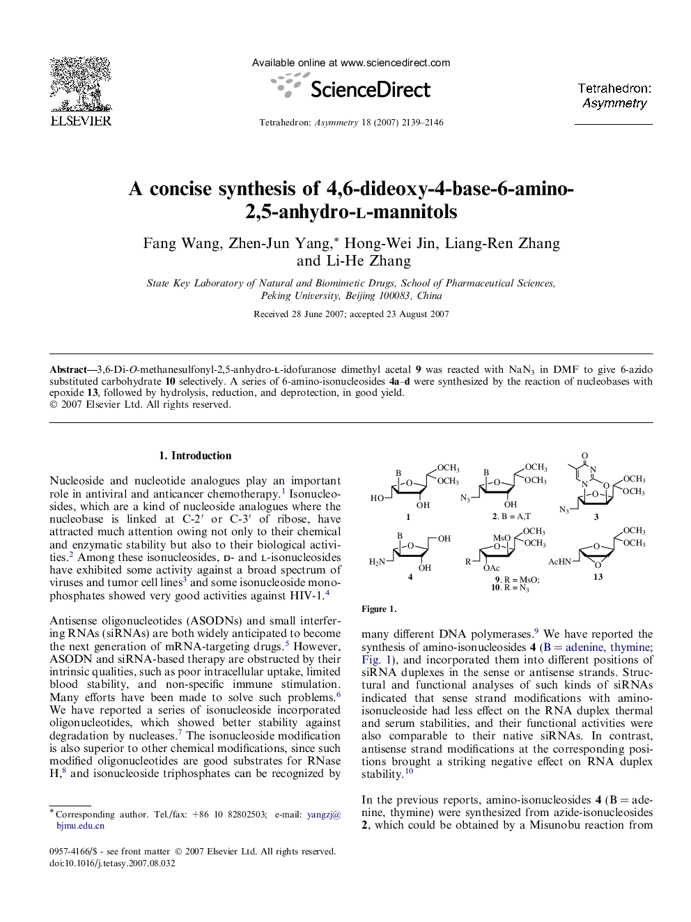 A concise synthesis of 4,6-dideoxy-4-base-6-amino-2,5-anhydro-l-mannitols