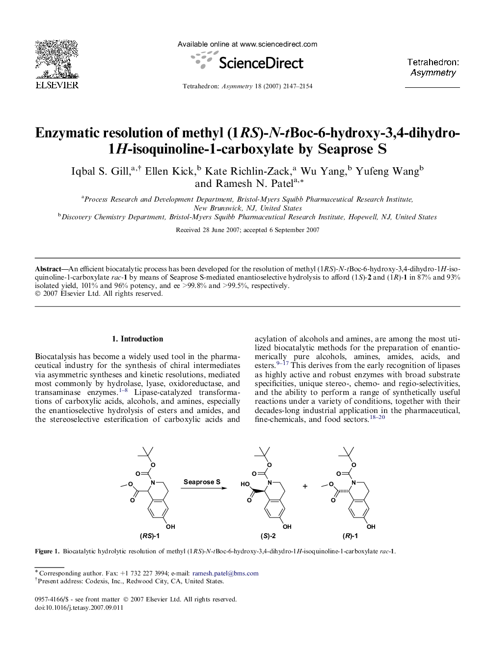 Enzymatic resolution of methyl (1RS)-N-tBoc-6-hydroxy-3,4-dihydro-1H-isoquinoline-1-carboxylate by Seaprose S