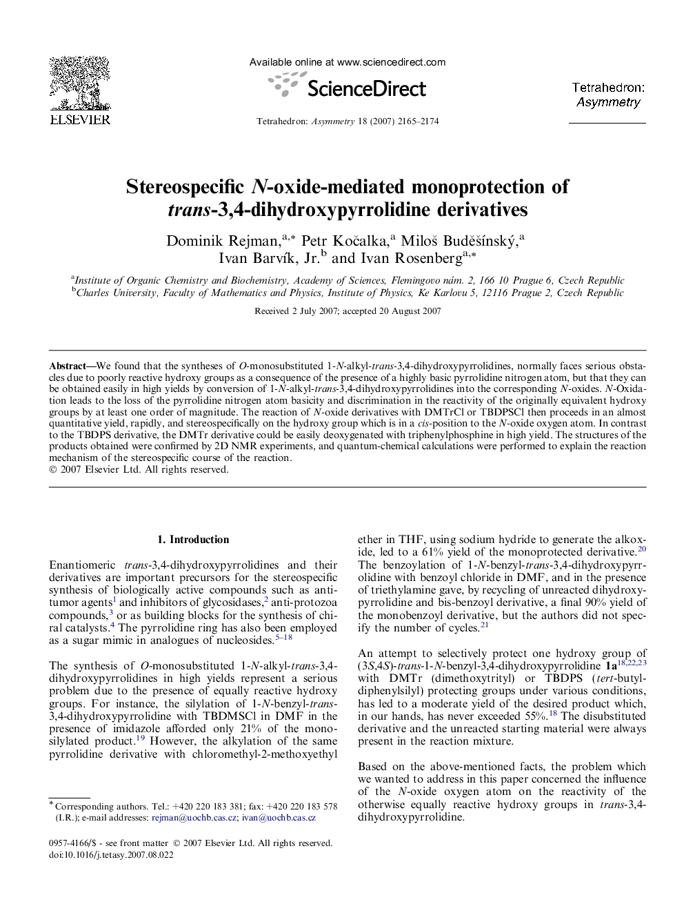 Stereospecific N-oxide-mediated monoprotection of trans-3,4-dihydroxypyrrolidine derivatives