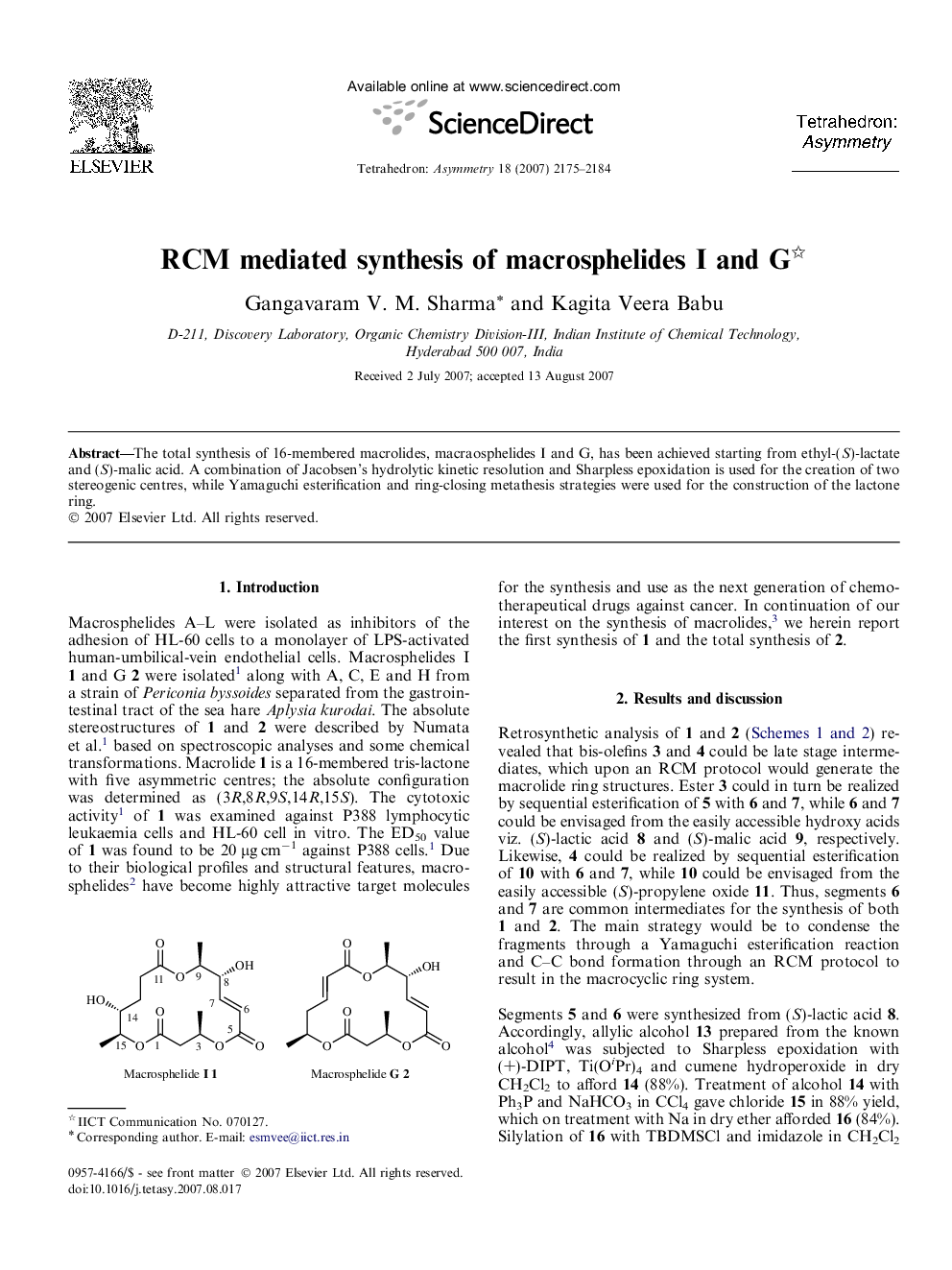 RCM mediated synthesis of macrosphelides I and G 