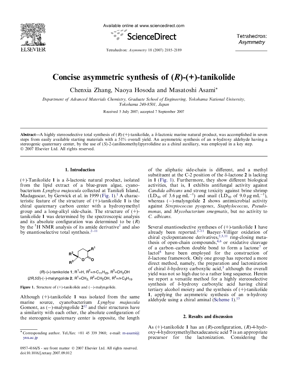 Concise asymmetric synthesis of (R)-(+)-tanikolide