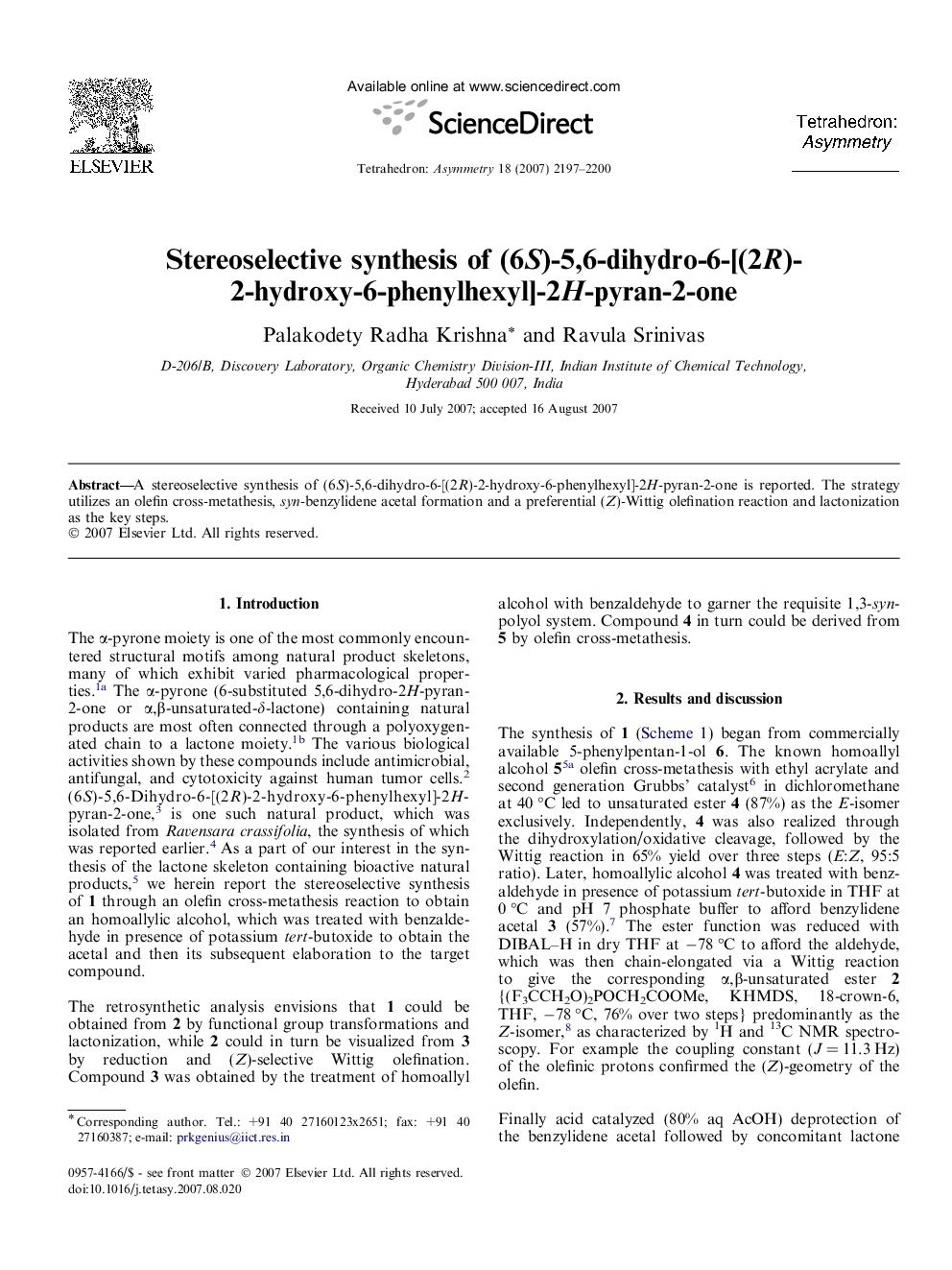Stereoselective synthesis of (6S)-5,6-dihydro-6-[(2R)-2-hydroxy-6-phenylhexyl]-2H-pyran-2-one