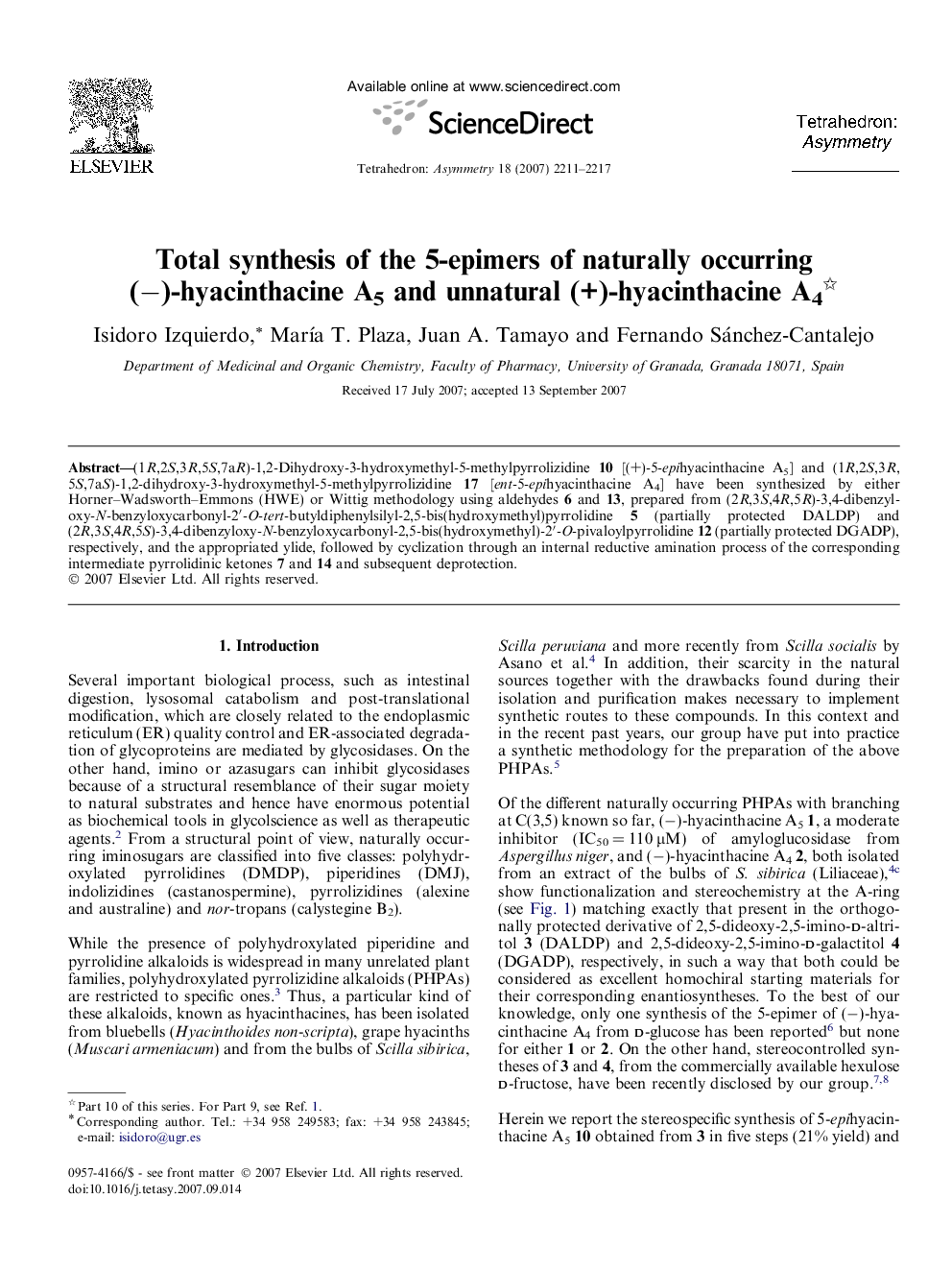 Total synthesis of the 5-epimers of naturally occurring (−)-hyacinthacine A5 and unnatural (+)-hyacinthacine A4