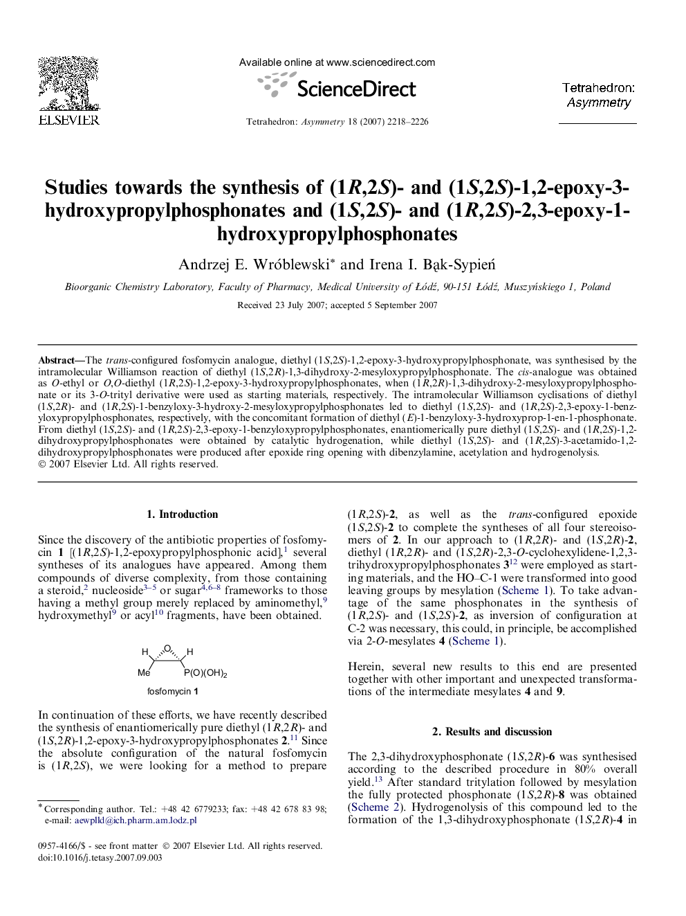 Studies towards the synthesis of (1R,2S)- and (1S,2S)-1,2-epoxy-3-hydroxypropylphosphonates and (1S,2S)- and (1R,2S)-2,3-epoxy-1-hydroxypropylphosphonates