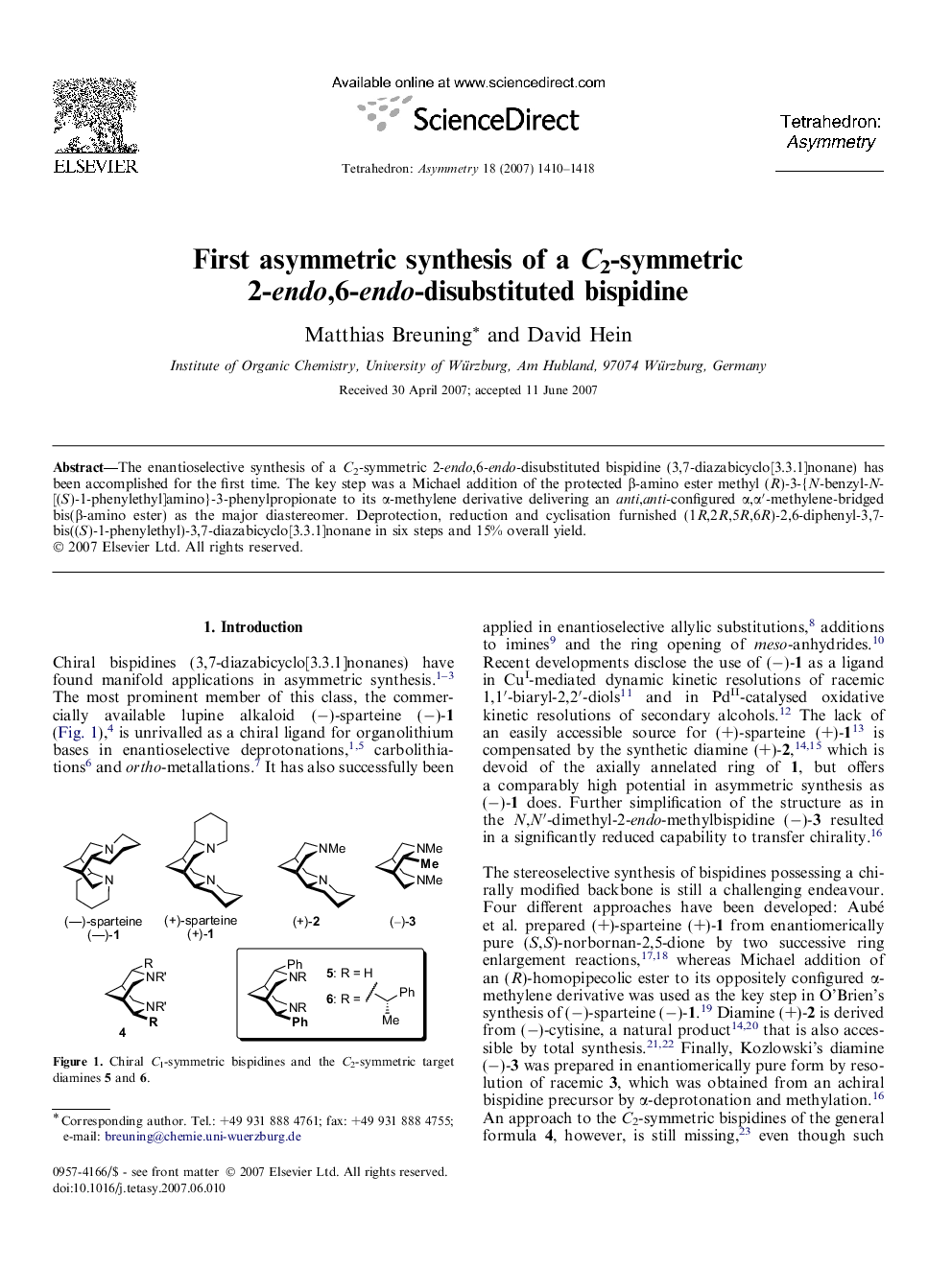 First asymmetric synthesis of a C2-symmetric 2-endo,6-endo-disubstituted bispidine