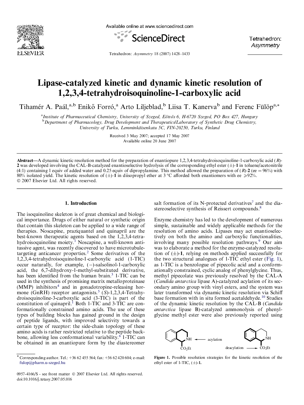 Lipase-catalyzed kinetic and dynamic kinetic resolution of 1,2,3,4-tetrahydroisoquinoline-1-carboxylic acid