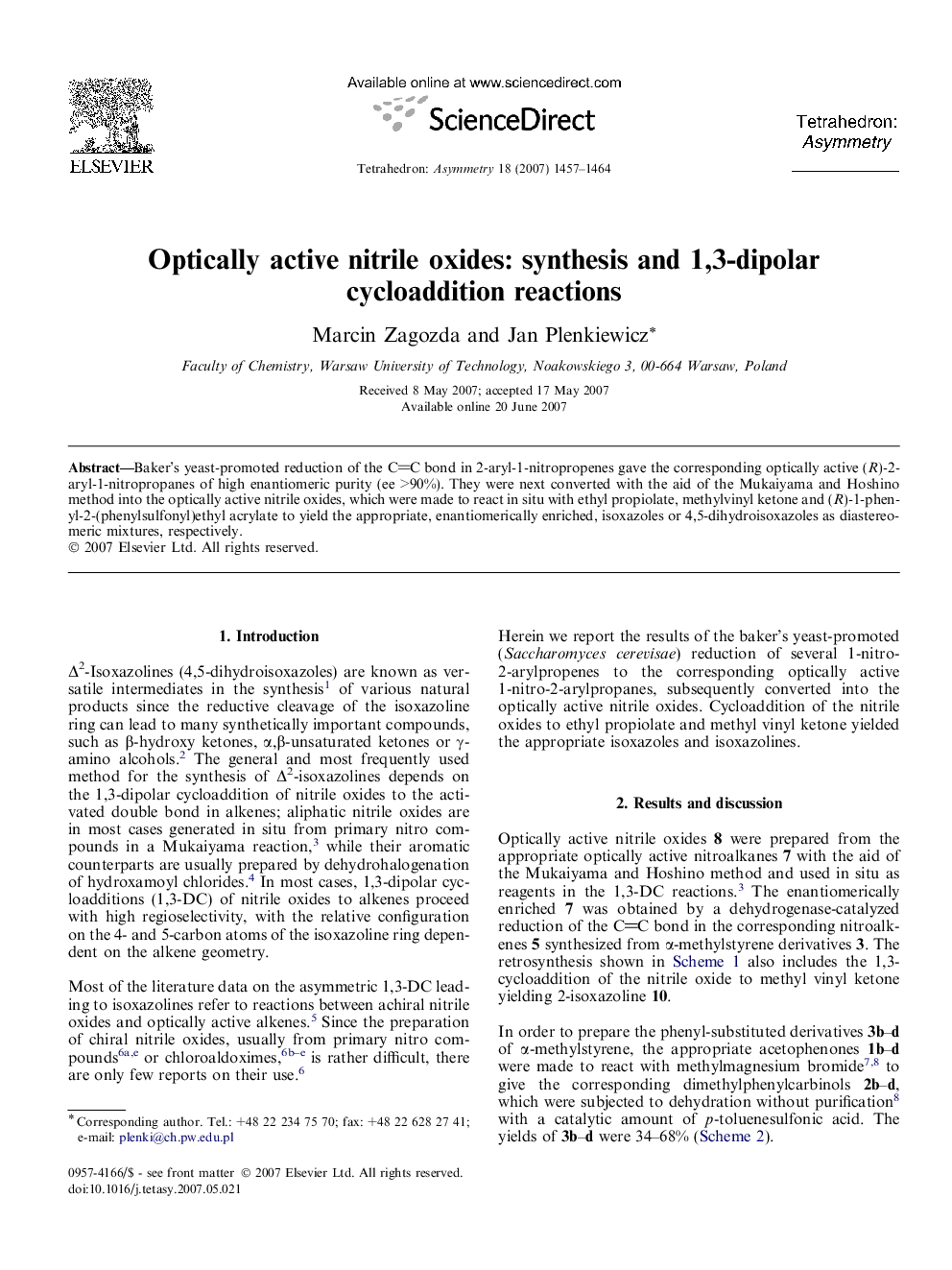 Optically active nitrile oxides: synthesis and 1,3-dipolar cycloaddition reactions