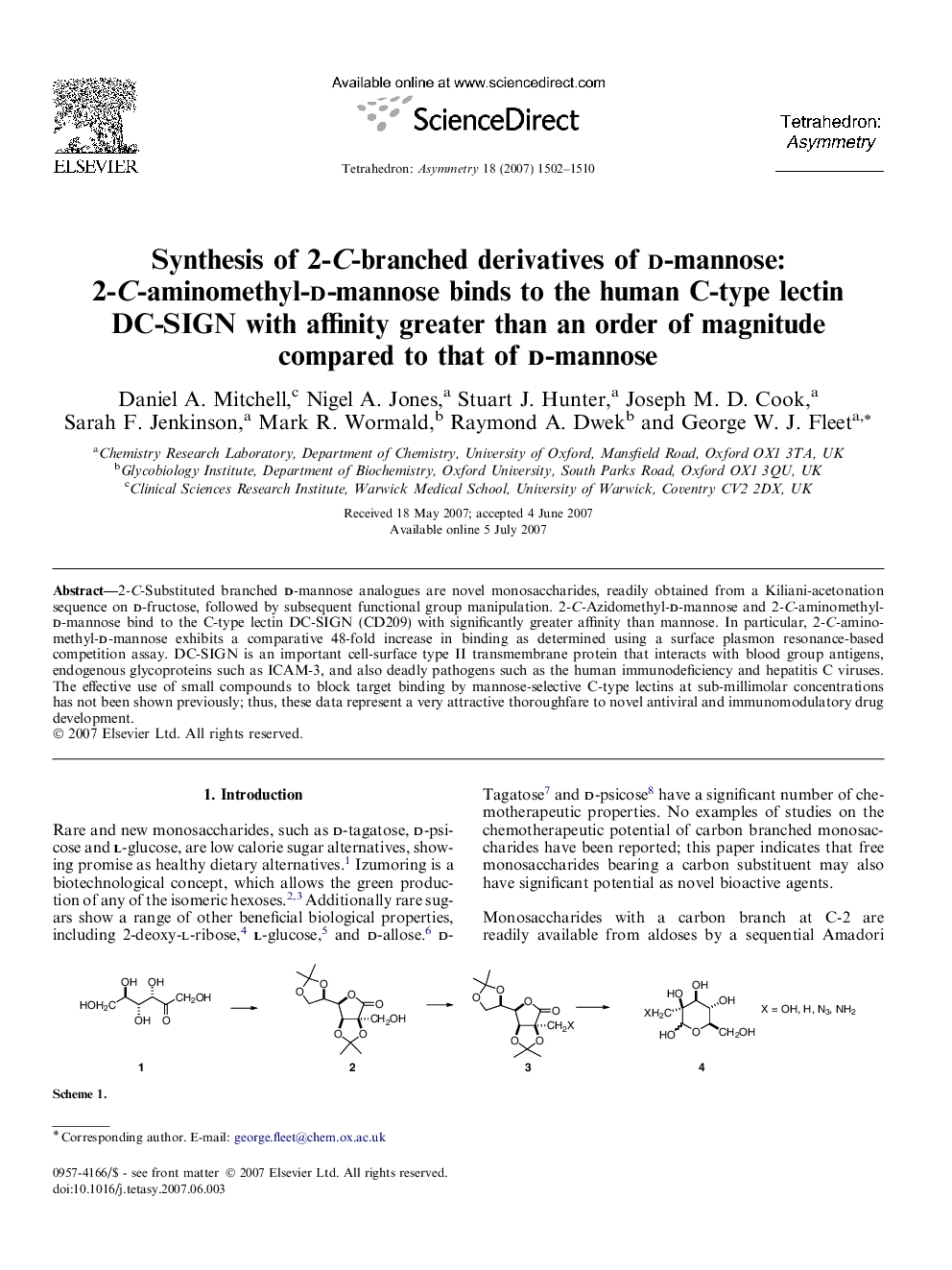 Synthesis of 2-C-branched derivatives of d-mannose: 2-C-aminomethyl-d-mannose binds to the human C-type lectin DC-SIGN with affinity greater than an order of magnitude compared to that of d-mannose
