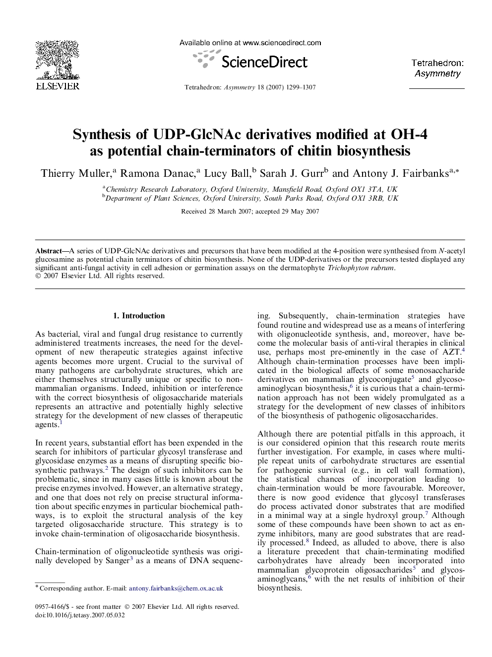 Synthesis of UDP-GlcNAc derivatives modified at OH-4 as potential chain-terminators of chitin biosynthesis