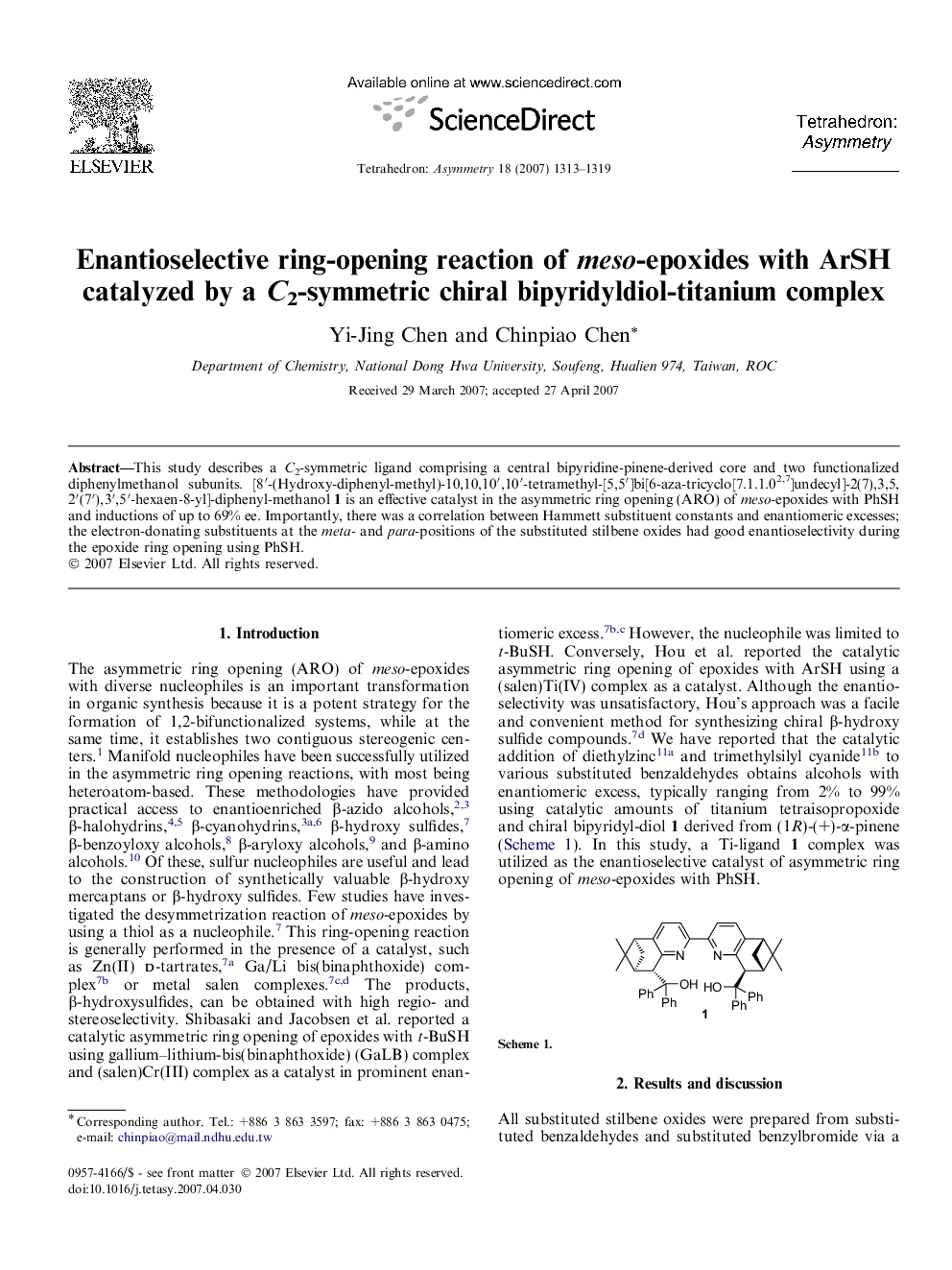 Enantioselective ring-opening reaction of meso-epoxides with ArSH catalyzed by a C2-symmetric chiral bipyridyldiol-titanium complex