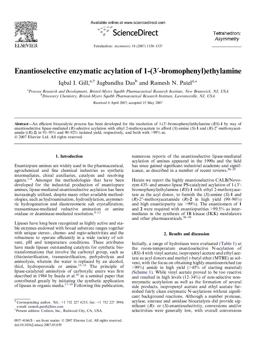 Enantioselective enzymatic acylation of 1-(3â²-bromophenyl)ethylamine