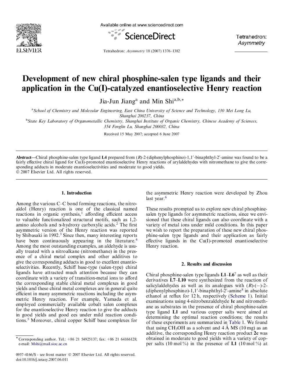 Development of new chiral phosphine-salen type ligands and their application in the Cu(I)-catalyzed enantioselective Henry reaction
