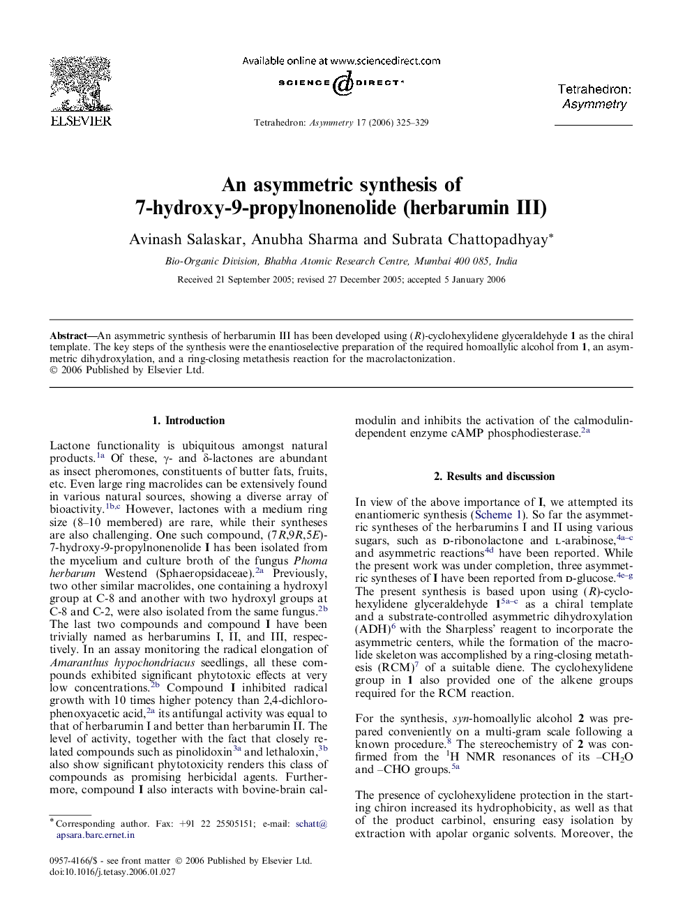 An asymmetric synthesis of 7-hydroxy-9-propylnonenolide (herbarumin III)