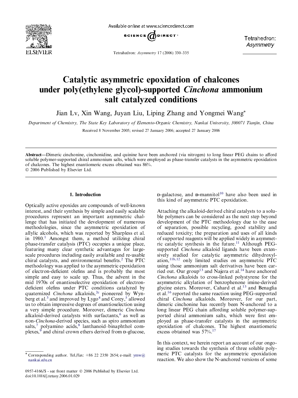 Catalytic asymmetric epoxidation of chalcones under poly(ethylene glycol)-supported Cinchona ammonium salt catalyzed conditions